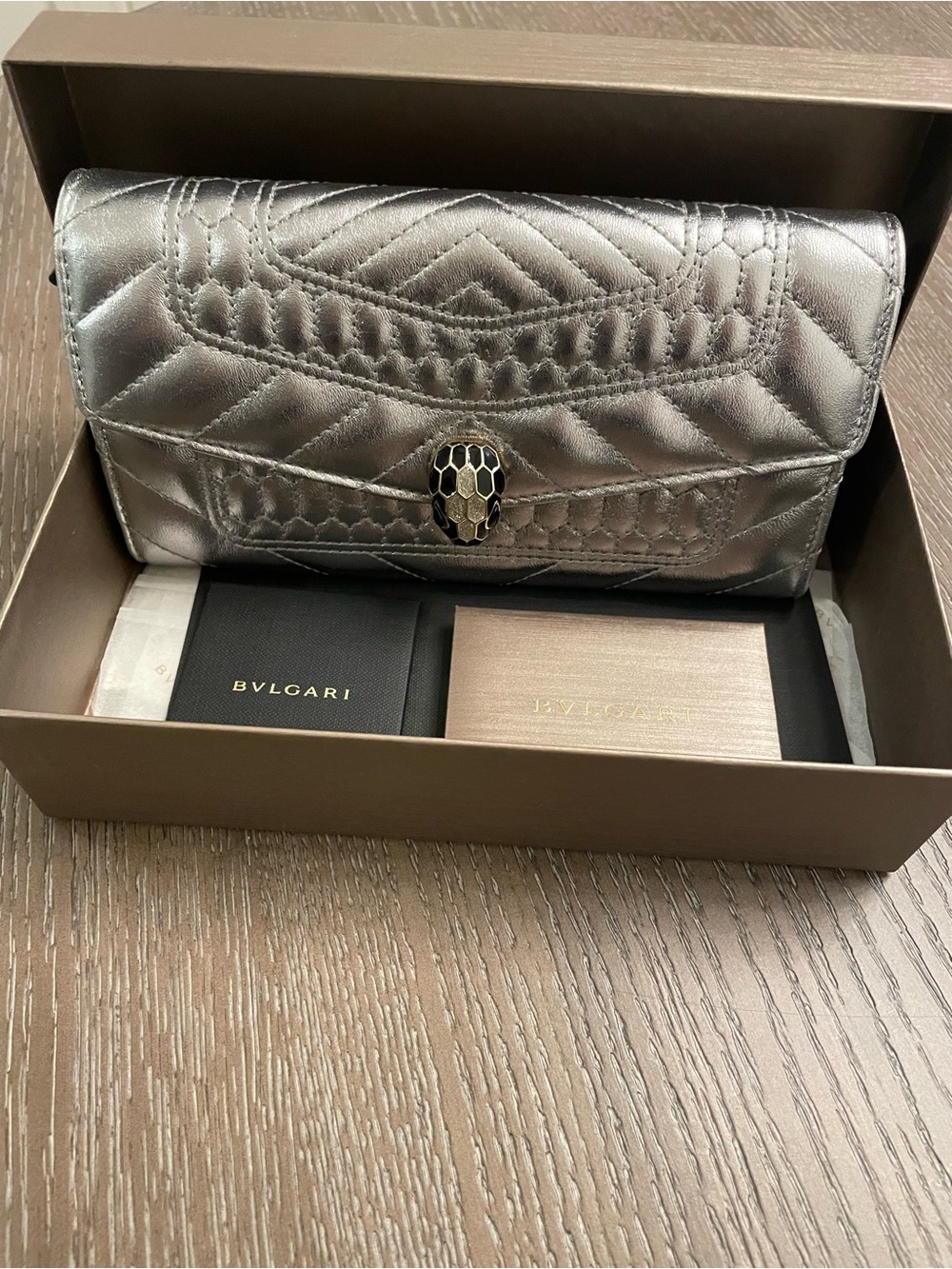 Bulgari Metallic Silver Quilted Serpenti Clutch with Snake Head